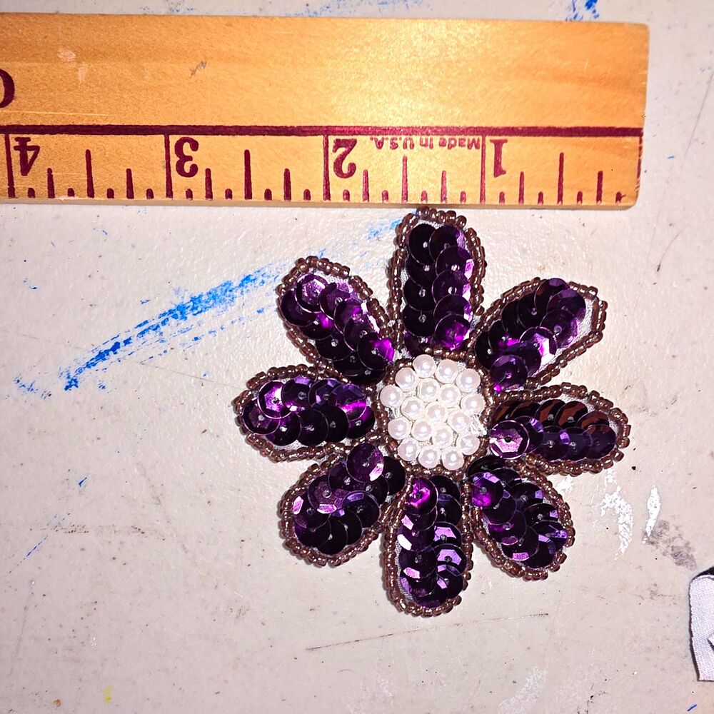 Purple Sequin Flower Iron on Patch with Bead Accents 2 in